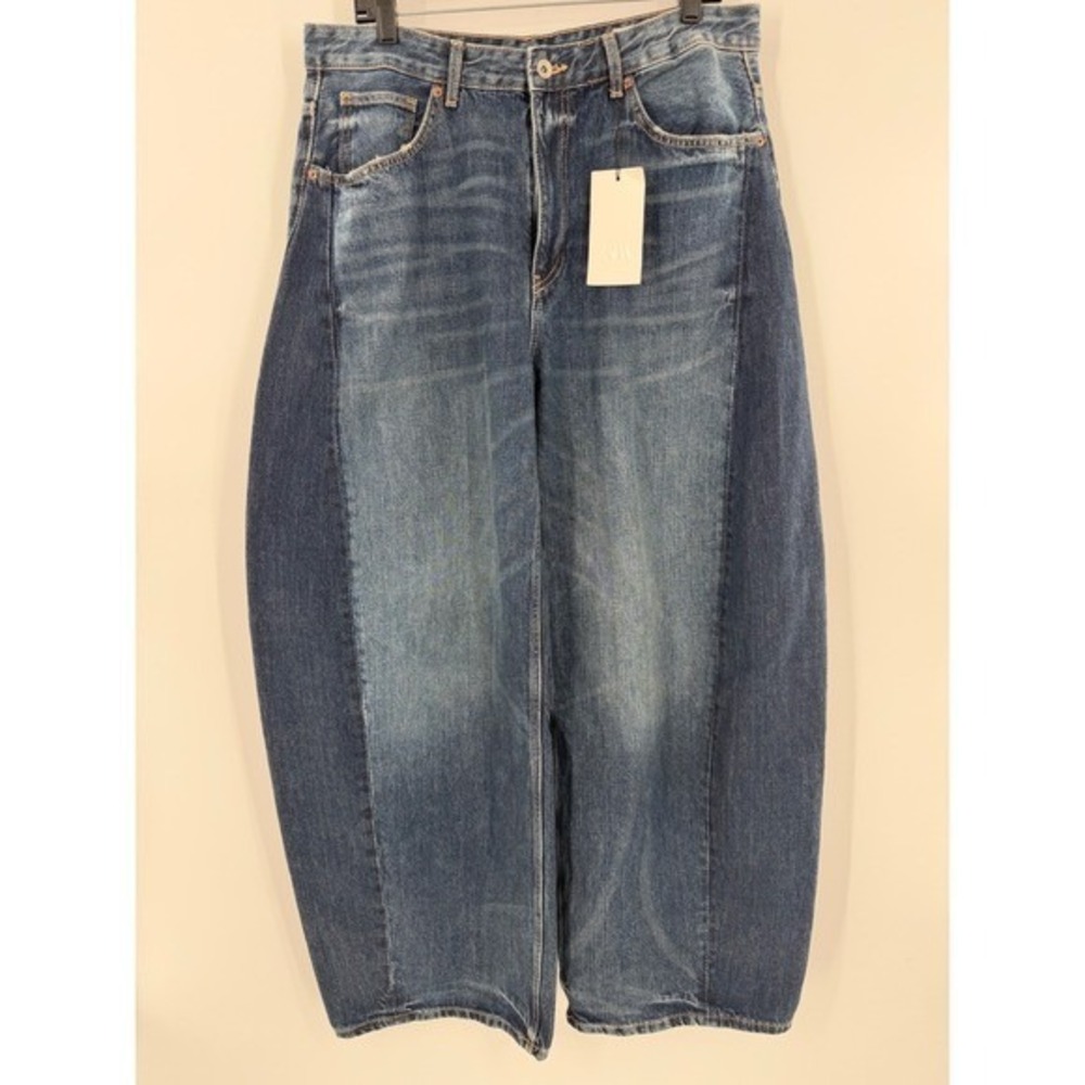 Zara Two Tone Barrel Leg Jeans High Waisted Wide Leg Blue Denim Sz 34 - Picture 10 of 13